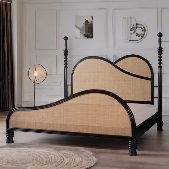 Ayurlop Wooden Modern Traditional Bed In Black Finish With Cane - craft decor