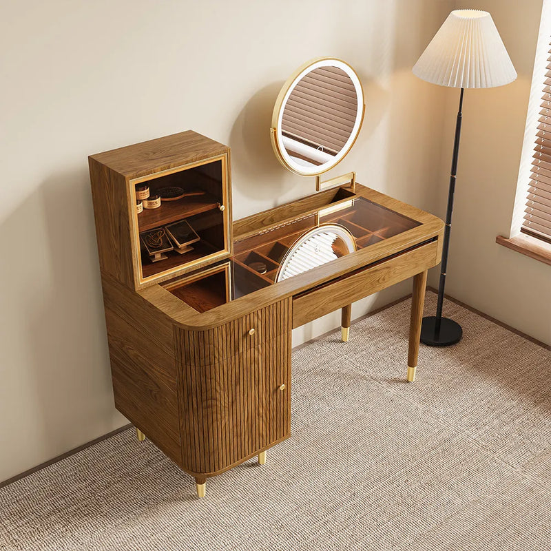 Casrion Mid-century Modern Makeup Vanity with Rotating Mirror and LED Light