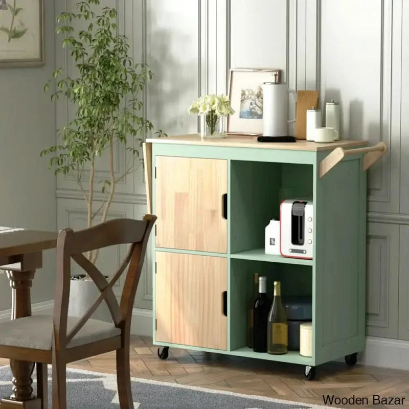 37.8" Wide Rolling Kitchen Island with Solid Wood Top Kitchen trolley cart cabinet kitchen island with storage