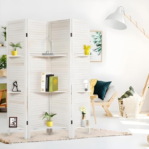 KRAFTEE Wooden Room Divider Partition-Foldable Wood Screen Divider for Office, Restaurant, Living Room, Bedroom, and Patti Design - Four Panels with Three Shelves-Black