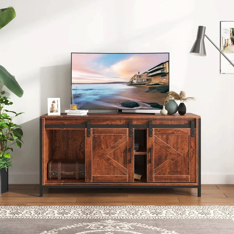 Lyraa TV Stand With Sliding Barn Door With Storage Cabinets Mid Century Modern Console Table