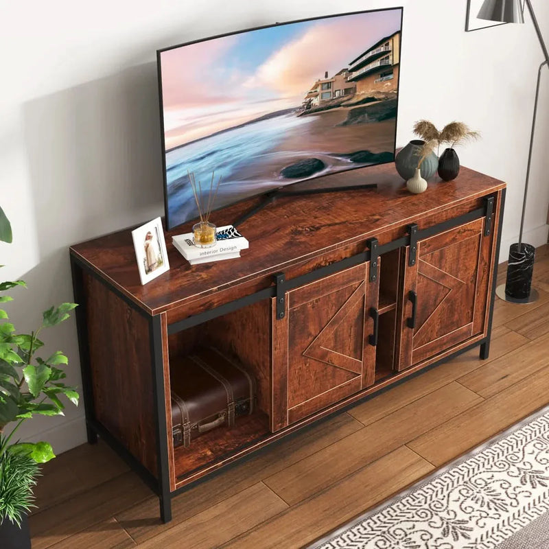 Lyraa TV Stand With Sliding Barn Door With Storage Cabinets Mid Century Modern Console Table