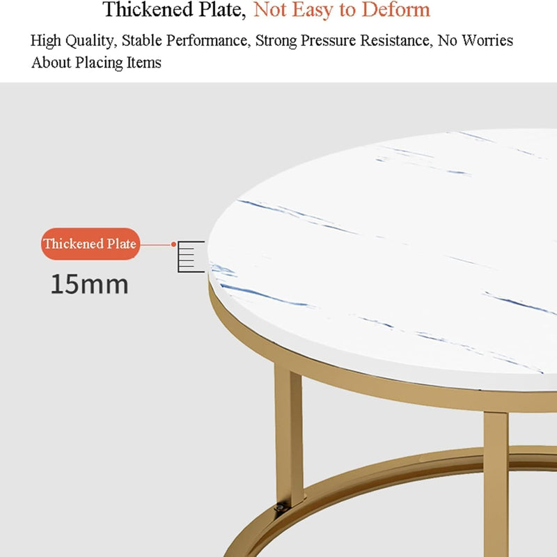 ETILAN Elegant Gold Metal Frame MDF Faux Marble top, Coffee Table Set 2 Piece, Stacking Nesting Center Table Glossy Stacking Tea Table Modernity to Any Living Room (White & Golden)