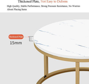 ETILAN Elegant Gold Metal Frame MDF Faux Marble top, Coffee Table Set 2 Piece, Stacking Nesting Center Table Glossy Stacking Tea Table Modernity to Any Living Room (White & Golden)