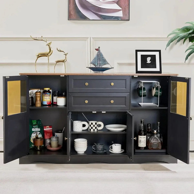 55''Large Wave Base Dining Cabinet with 4 Doors and 2 Drawers