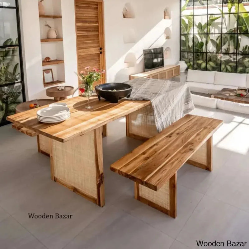 6-SEATER DINING TABLE WITH RATTAN & TEAK WOOD SEATING