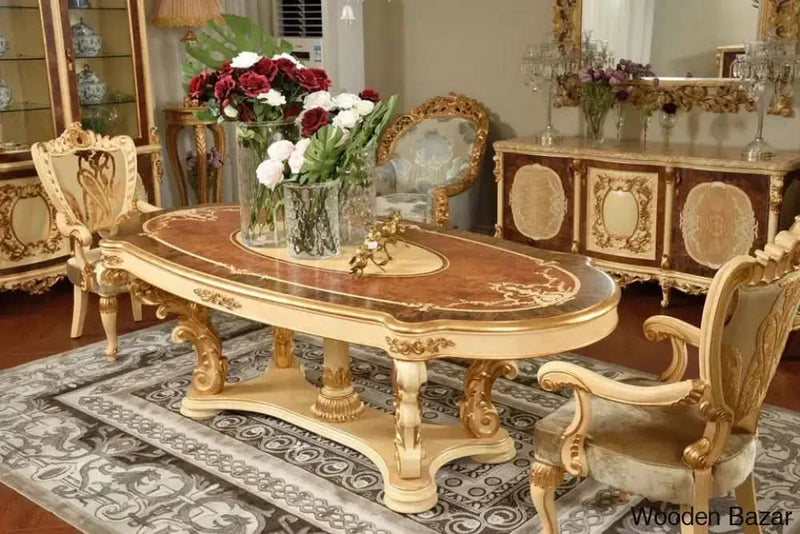 6 seaters oval shape wood carved antique dining table set