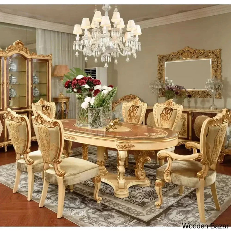 6 seaters oval shape wood carved antique dining table set