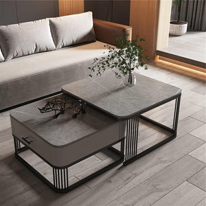 Iron Frame Handmade with Drawer Square 20"x20" Coffee Table/Stacking Tea Table/Luxury Sofa Center Table with Marble Look Engineered Wood Top for Living Room/Drawing Room (Grey)