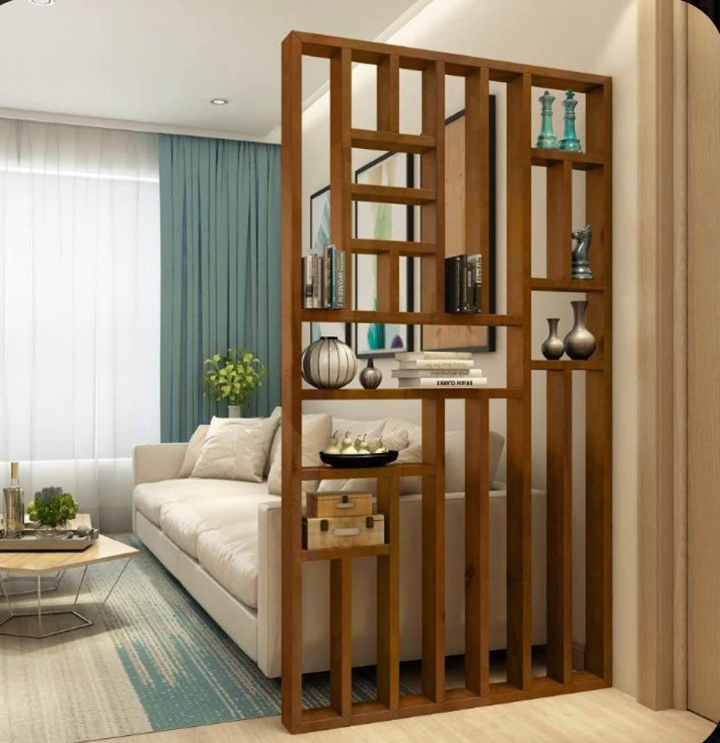 Sylvan Artistry Wooden Room Divider | Wooden Partition for Living Room | Wooden Room Separator | Office Wooden Separator Display Rack Between Room and Kitchen(Teak Wood Color,6 * 4ft)