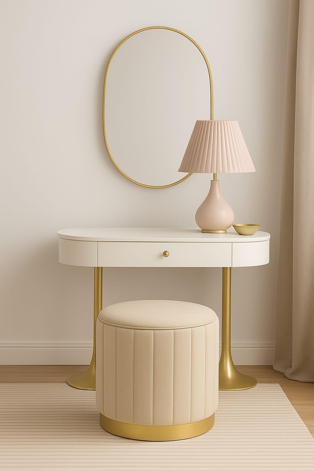 CRAFT DECOR Round Modern Flannel Material Ottoman Foot Rest Vanity Seat with Gold Metal Legs for Bedroom Living Room Vanity Stool Padded Seat Foot Rest Stool