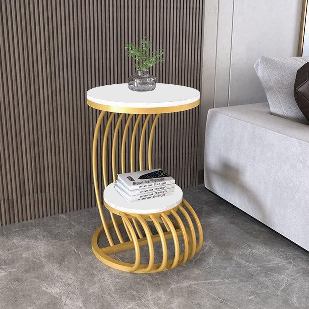 CRAFT DECOR Side Table with Marble Look Top | Gold Metal Base | 2-Tier Design | Living Room Accent Table
