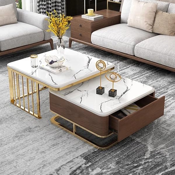 CRAFT DECOR Modest Marbled Finish Square Coffee Table Set of 2 Nesting Stacking Tea Tables Luxury Sofa Center Table with Wooden Drawer and Gold Metal Frame for Living Room Bedroom