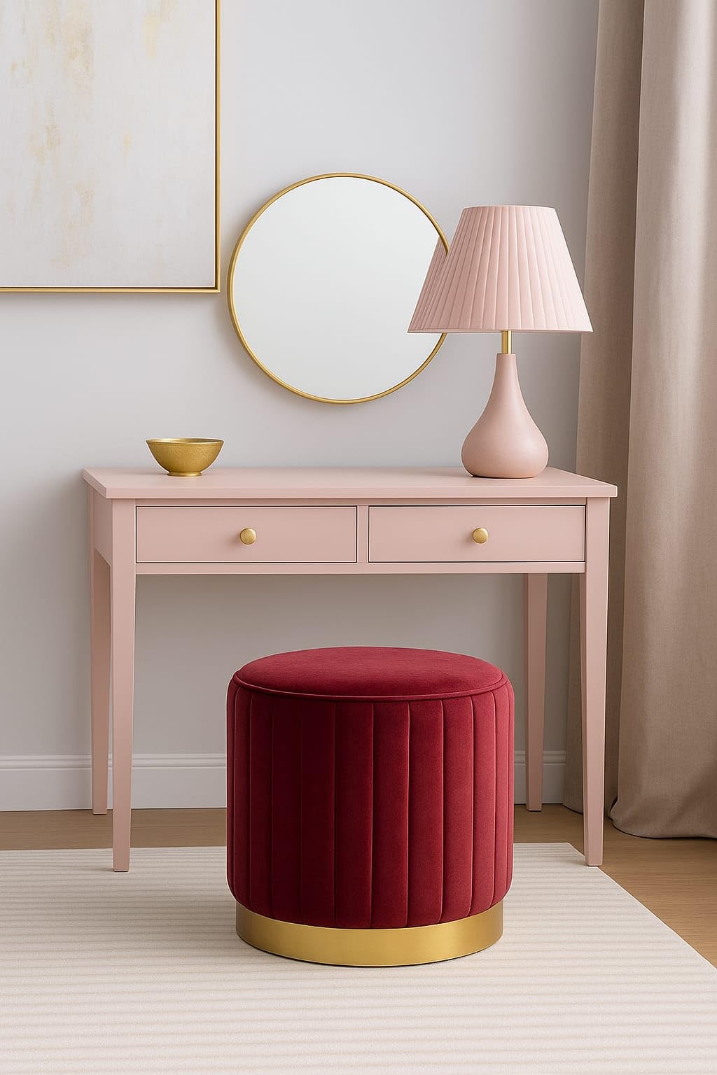 CRAFT DECOR Round Modern Flannel Material Ottoman Foot Rest Vanity Seat with Gold Metal Legs for Bedroom Living Room Vanity Stool Padded Seat Foot Rest Stool