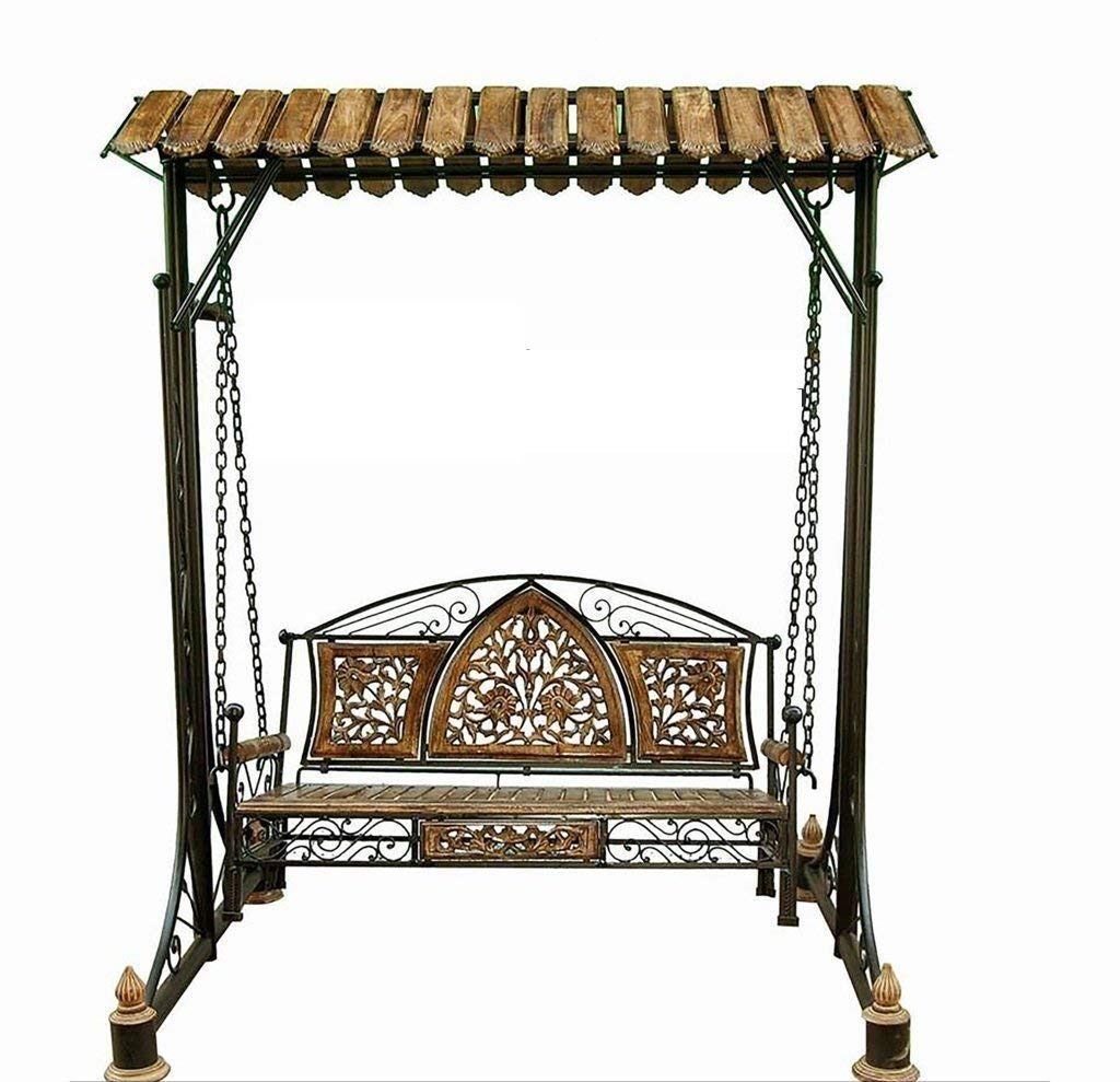Simran Handicrafts Classic Wood & Craft Adjustable/Foldable Wooden Wrought Iron Swing Jhoola Perfect for Balcony, Garden 76 inches Wide, 82 inches Height