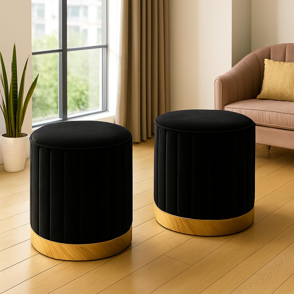 CRAFT DECOR Round Modern Flannel Material Ottoman Foot Rest Vanity Seat with Gold Metal Legs for Bedroom Living Room Vanity Stool Padded Seat Foot Rest Stool