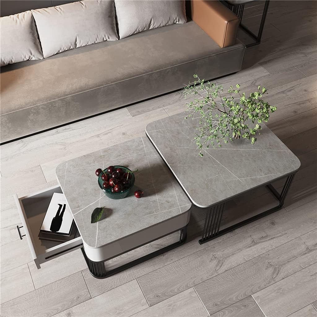 Iron Frame Handmade with Drawer Square 20"x20" Coffee Table/Stacking Tea Table/Luxury Sofa Center Table with Marble Look Engineered Wood Top for Living Room/Drawing Room (Grey)