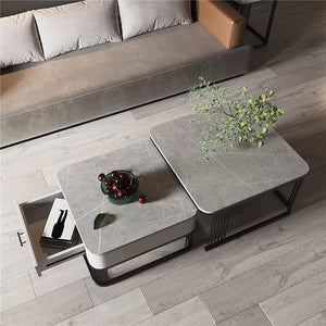 Iron Frame Handmade with Drawer Square 20"x20" Coffee Table/Stacking Tea Table/Luxury Sofa Center Table with Marble Look Engineered Wood Top for Living Room/Drawing Room (Grey)