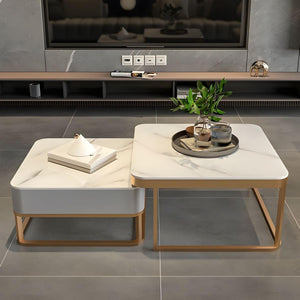 EXPRESSOW ENTERPRISES Metal Frame 20X20 Square Set of 2 Coffee Tables, Stacking Center Tables with Minimalist Marbles Look and Storage Drawer for Living Room Bedroom or Apartments (Golden)