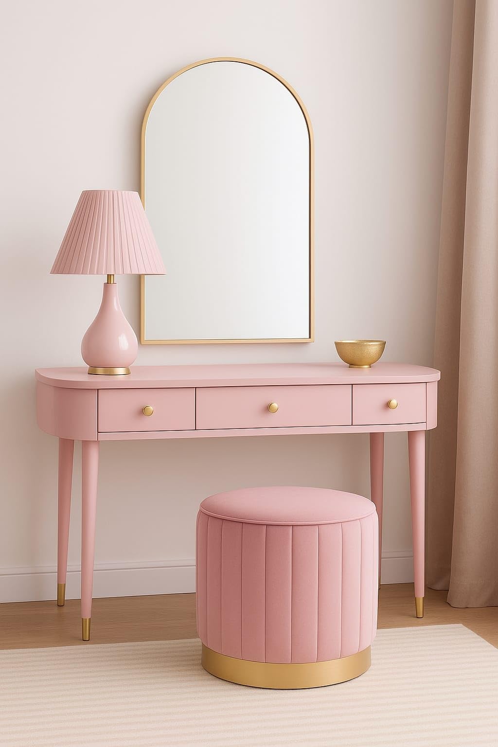 CRAFT DECOR Round Modern Flannel Material Ottoman Foot Rest Vanity Seat with Gold Metal Legs for Bedroom Living Room Vanity Stool Padded Seat Foot Rest Stool