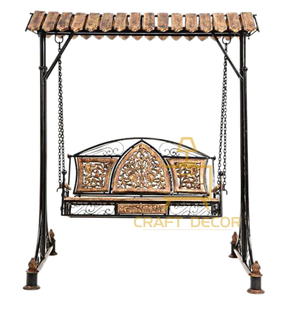 CRAFT DECOR Swing Chairs For Balcony With Stands , Swing Chair Jhoola For Indoor And Outdoor Garden With Wooden Roof , Solid Wood And Wrought Iron Jhoola For Balcony , Hammock Swing , Cradle Swing For Home And Garden