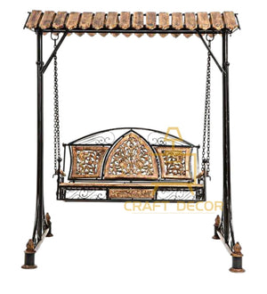 CRAFT DECOR Swing Chairs For Balcony With Stands , Swing Chair Jhoola For Indoor And Outdoor Garden With Wooden Roof , Solid Wood And Wrought Iron Jhoola For Balcony , Hammock Swing , Cradle Swing For Home And Garden