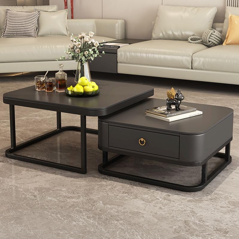 CRAFT DECOR Metal Frame 20X20 Square Set of 2 Coffee Tables, Stacking Center Tables with Minimalist Marbles Look and Storage Drawer for Living Room / Offices / Restaurant