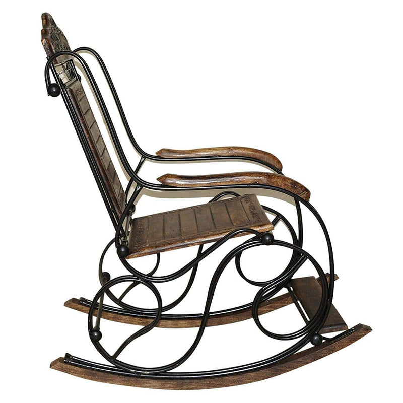 Habiba Arts Store Wrought Iron Foldable Wooden Rocking Chair for Adult Grand-pa Swing Chair Vintage Rolling Chair for Balcony Living Room Garden