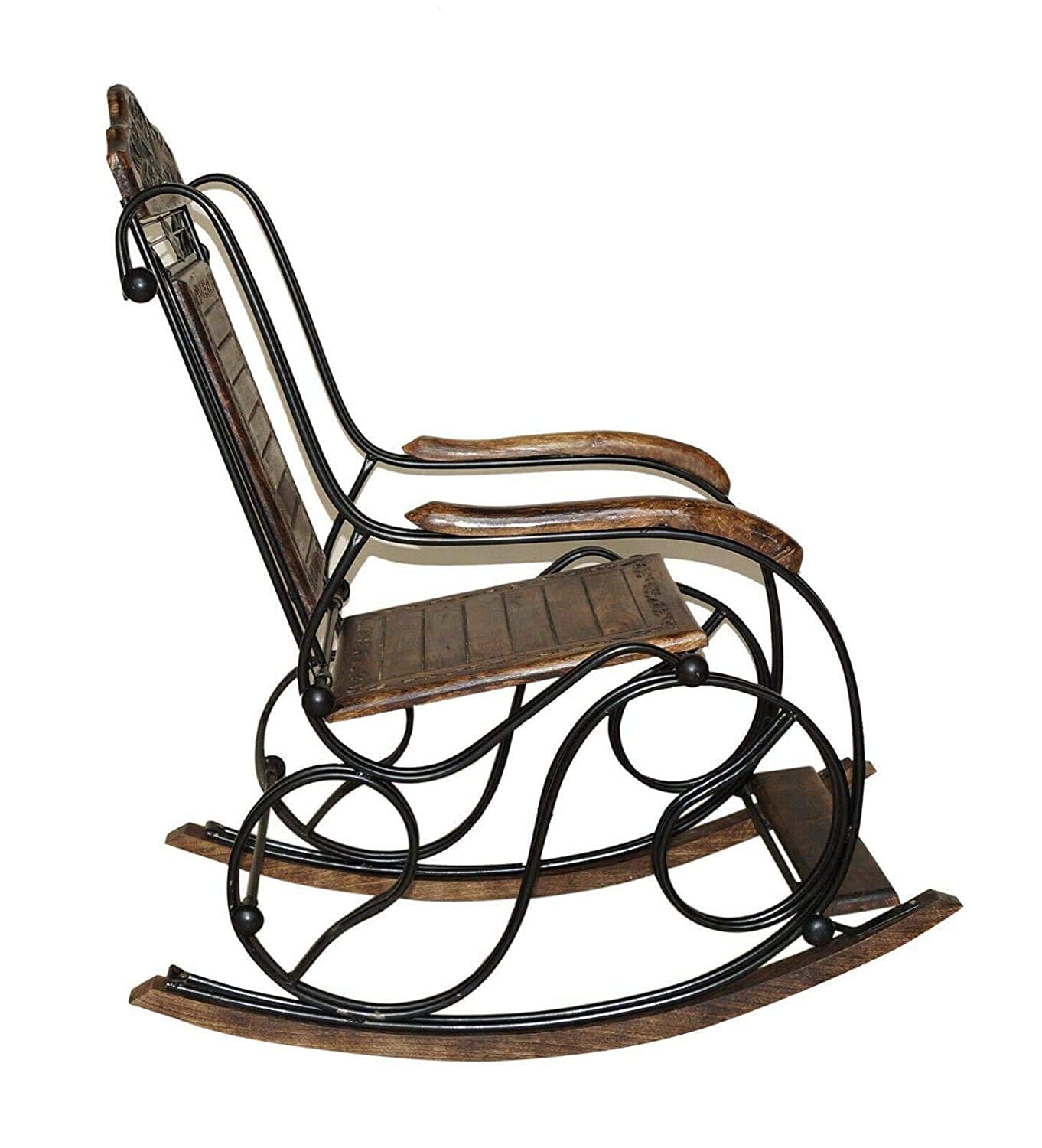 Habiba Arts Store Wrought Iron Foldable Wooden Rocking Chair for Adult Grand-pa Swing Chair Vintage Rolling Chair for Balcony Living Room Garden