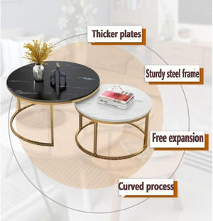ETILAN Elegant Gold Metal Frame MDF Faux Marble top, Coffee Table Set 2 Piece, Stacking Nesting Center Table Glossy Stacking Tea Table Modernity to Any Living Room (White & Golden)