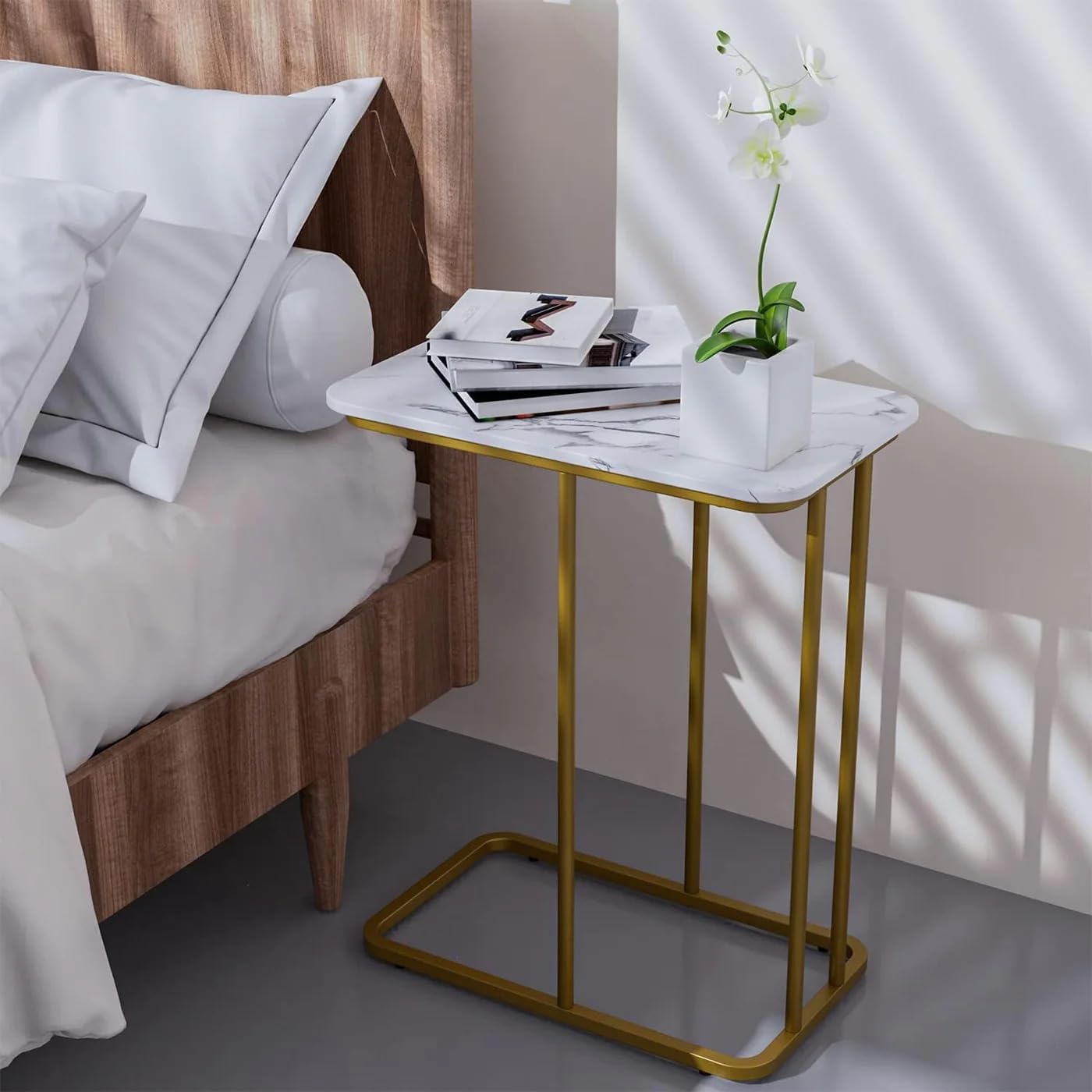 CRAFT DECOR Metal Side Table with Marble Finish Wooden Top for Living Room, Sofa or Bed Side Stand