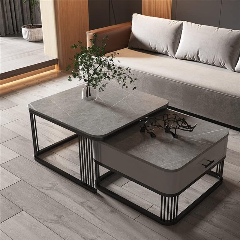 Iron Frame Handmade with Drawer Square 20"x20" Coffee Table/Stacking Tea Table/Luxury Sofa Center Table with Marble Look Engineered Wood Top for Living Room/Drawing Room (Grey)