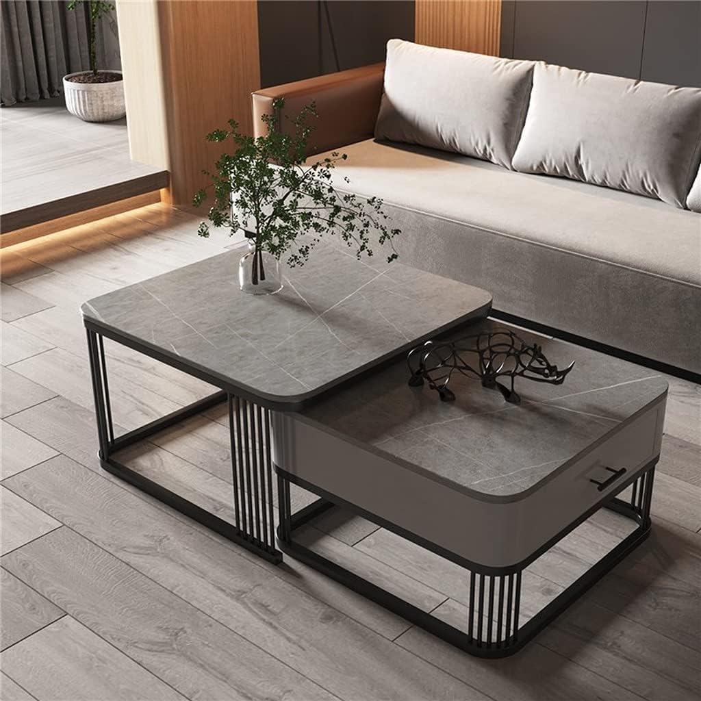 Iron Frame Handmade with Drawer Square 20"x20" Coffee Table/Stacking Tea Table/Luxury Sofa Center Table with Marble Look Engineered Wood Top for Living Room/Drawing Room (Grey)