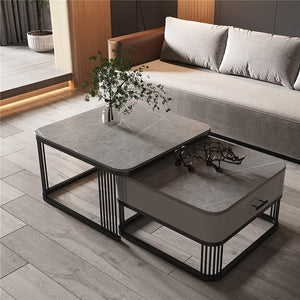 Iron Frame Handmade with Drawer Square 20"x20" Coffee Table/Stacking Tea Table/Luxury Sofa Center Table with Marble Look Engineered Wood Top for Living Room/Drawing Room (Grey)