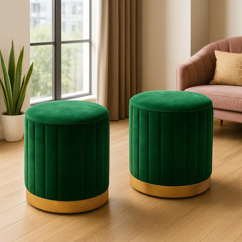 CRAFT DECOR Round Modern Flannel Material Ottoman Foot Rest Vanity Seat with Gold Metal Legs for Bedroom Living Room Vanity Stool Padded Seat Foot Rest Stool
