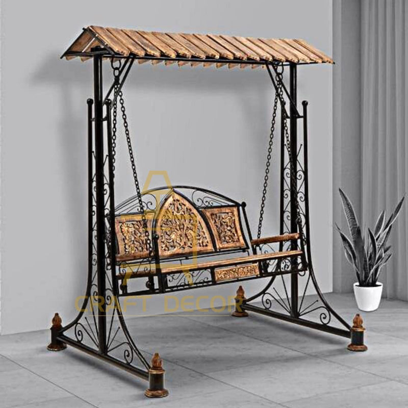 CRAFT DECOR Swing Chairs For Balcony With Stands , Swing Chair Jhoola For Indoor And Outdoor Garden With Wooden Roof , Solid Wood And Wrought Iron Jhoola For Balcony , Hammock Swing , Cradle Swing For Home And Garden