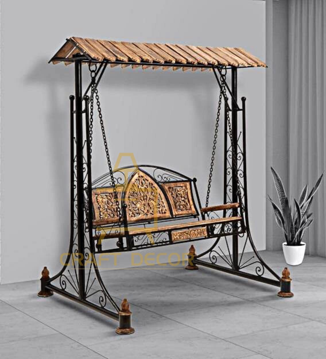 CRAFT DECOR Swing Chairs For Balcony With Stands , Swing Chair Jhoola For Indoor And Outdoor Garden With Wooden Roof , Solid Wood And Wrought Iron Jhoola For Balcony , Hammock Swing , Cradle Swing For Home And Garden