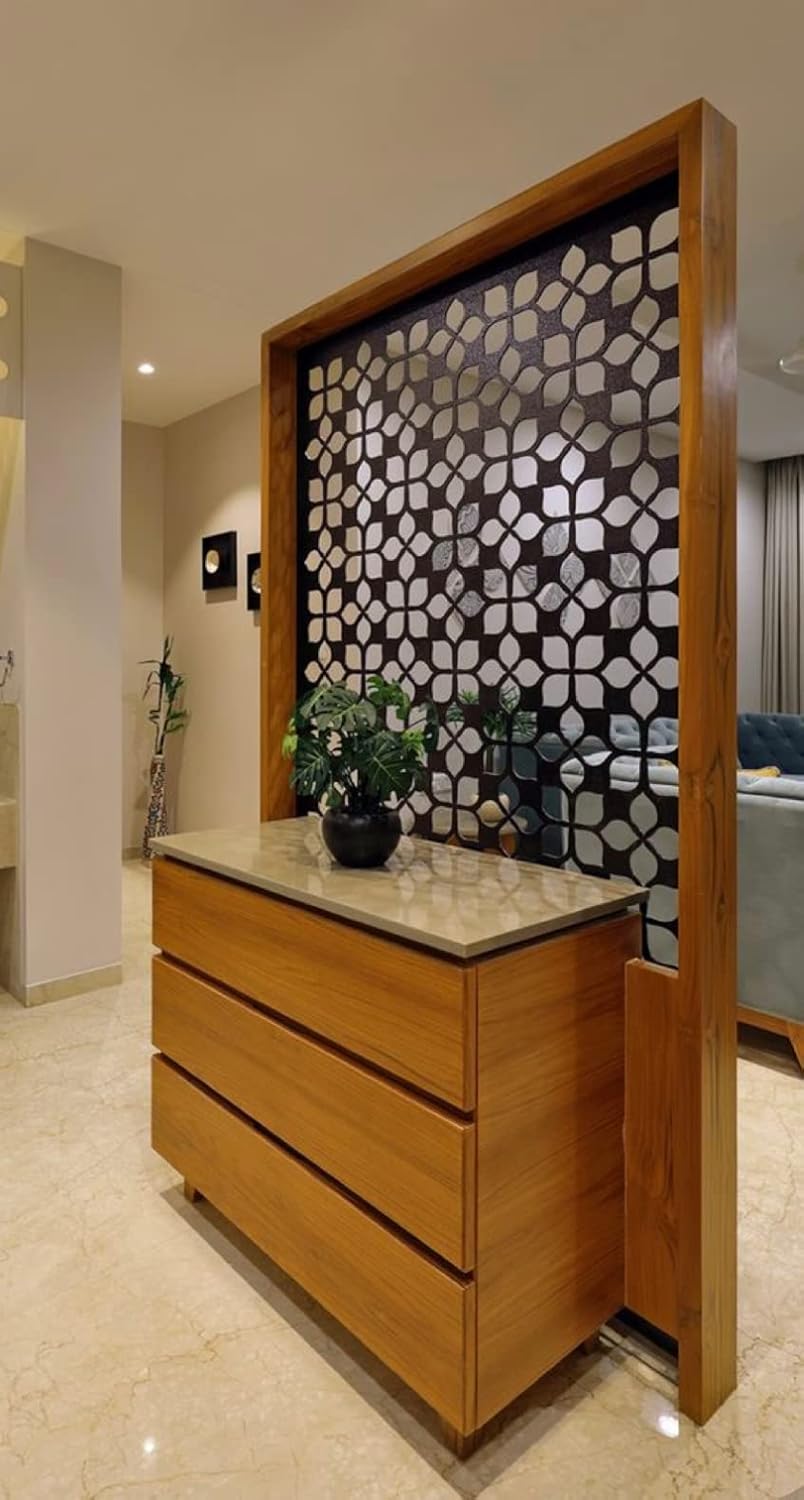 Wooden Room Divider only | Wooden Partition for Living Room | Room Separator | Office Wooden Separator Between Room and Kitchen(Teak Wood Color,6 * 4ft)/ only partition no Cabinet