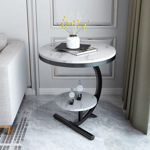 EXPRESSOW ENTERPRISES Metal End Table Round Side Table with Open Storage Shelf&Marble Look - Multi-Functional Indoor Outdoor Snacks Tea Table for Home and Living Room