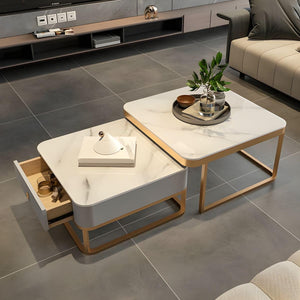 EXPRESSOW ENTERPRISES Metal Frame 20X20 Square Set of 2 Coffee Tables, Stacking Center Tables with Minimalist Marbles Look and Storage Drawer for Living Room Bedroom or Apartments (Golden)