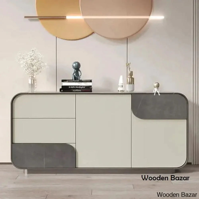 63" Modern Off White Sideboard Buffet with Storage Gray Sintered Stone Credenza - Craft Decor