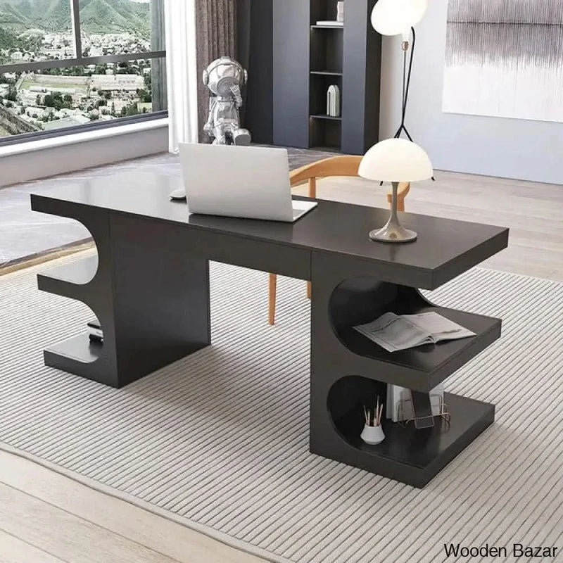 64.2" Black Wooden Writing Desk Modern Office Desk with 1 Drawer & 4 Open Shelves - Craft Decor