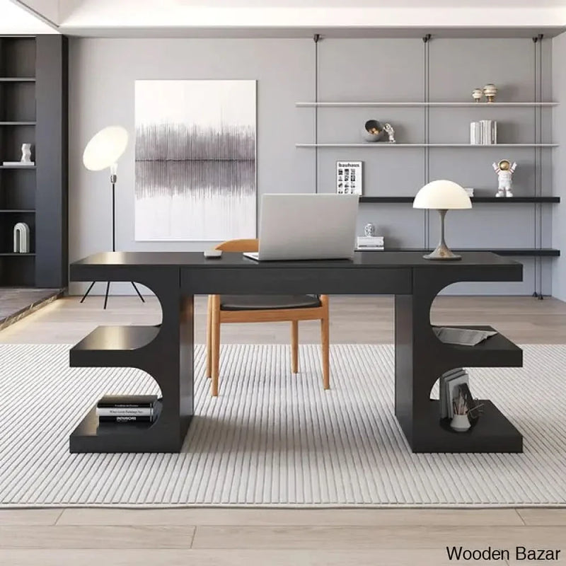 64.2" Black Wooden Writing Desk Modern Office Desk with 1 Drawer & 4 Open Shelves - Craft Decor