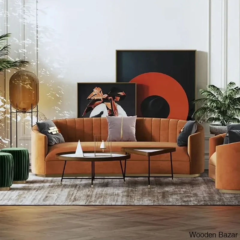 70.9" Modern Velvet Couch Curved Sofa in Orange with Stainless Steel Base - Wooden Bazar