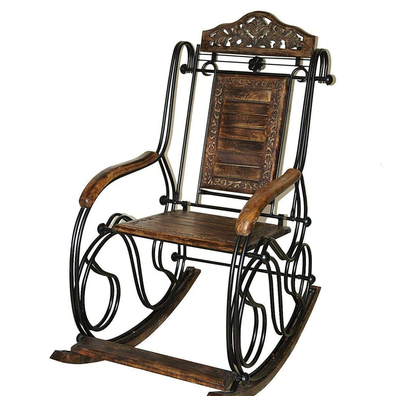 Habiba Arts Store Wrought Iron Foldable Wooden Rocking Chair for Adult Grand-pa Swing Chair Vintage Rolling Chair for Balcony Living Room Garden