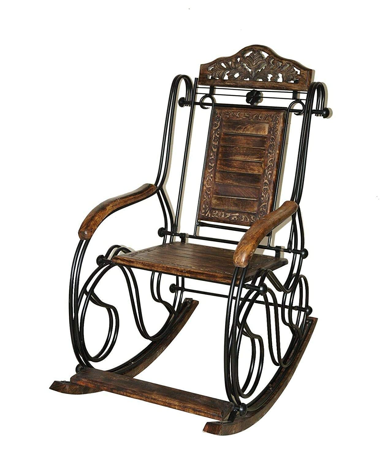 Habiba Arts Store Wrought Iron Foldable Wooden Rocking Chair for Adult Grand-pa Swing Chair Vintage Rolling Chair for Balcony Living Room Garden