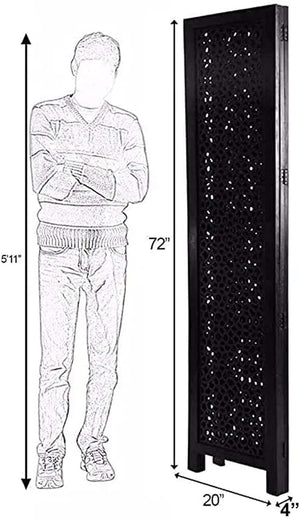 KRAFTEE Wooden Room Divider Partition-Foldable Wood Screen Divider for Office, Restaurant, Living Room, Bedroom, and Patti Design - Four Panels with Three Shelves-Black