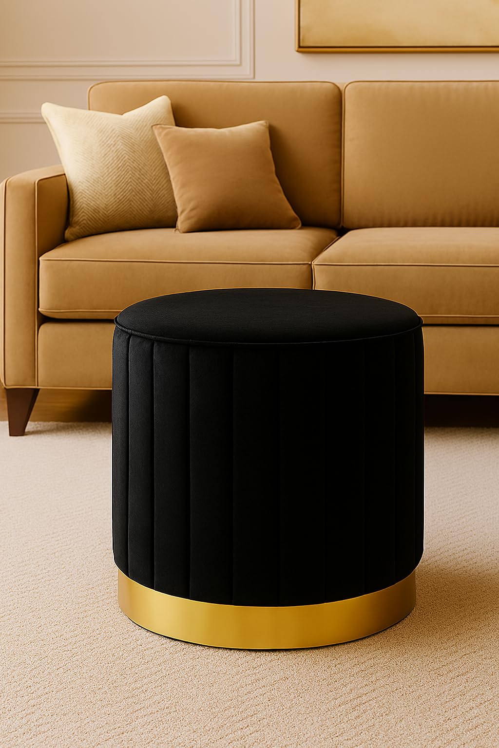 CRAFT DECOR Round Modern Flannel Material Ottoman Foot Rest Vanity Seat with Gold Metal Legs for Bedroom Living Room Vanity Stool Padded Seat Foot Rest Stool