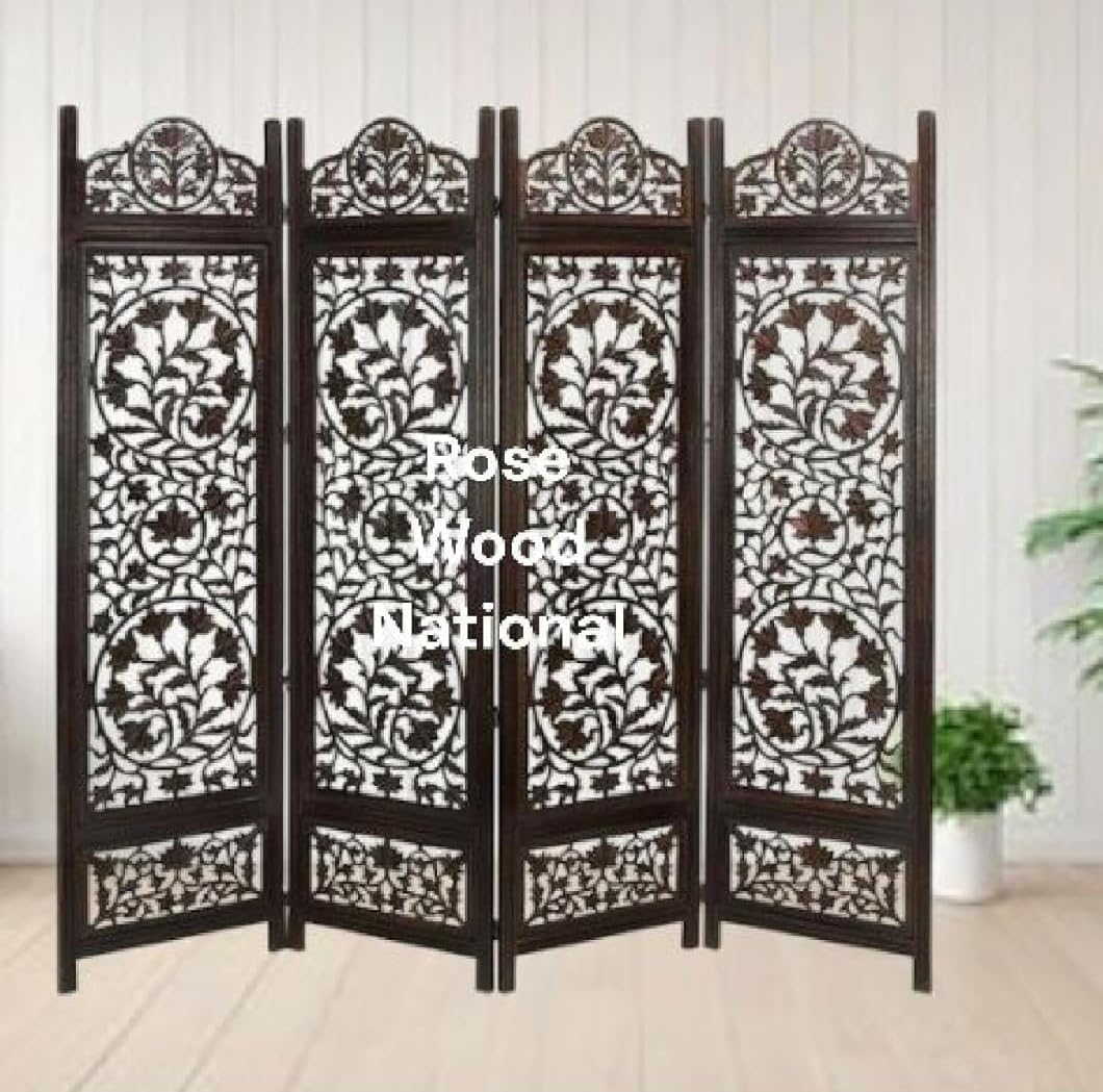 Wooden Room Divider 6 Feet, 4-Panel Folding Wooden Partition for Living Room, Office, Pooja Room, Restaurant, Kitchen & Balcony (2W x 1.82H Meters). (White-Cone Pattern)