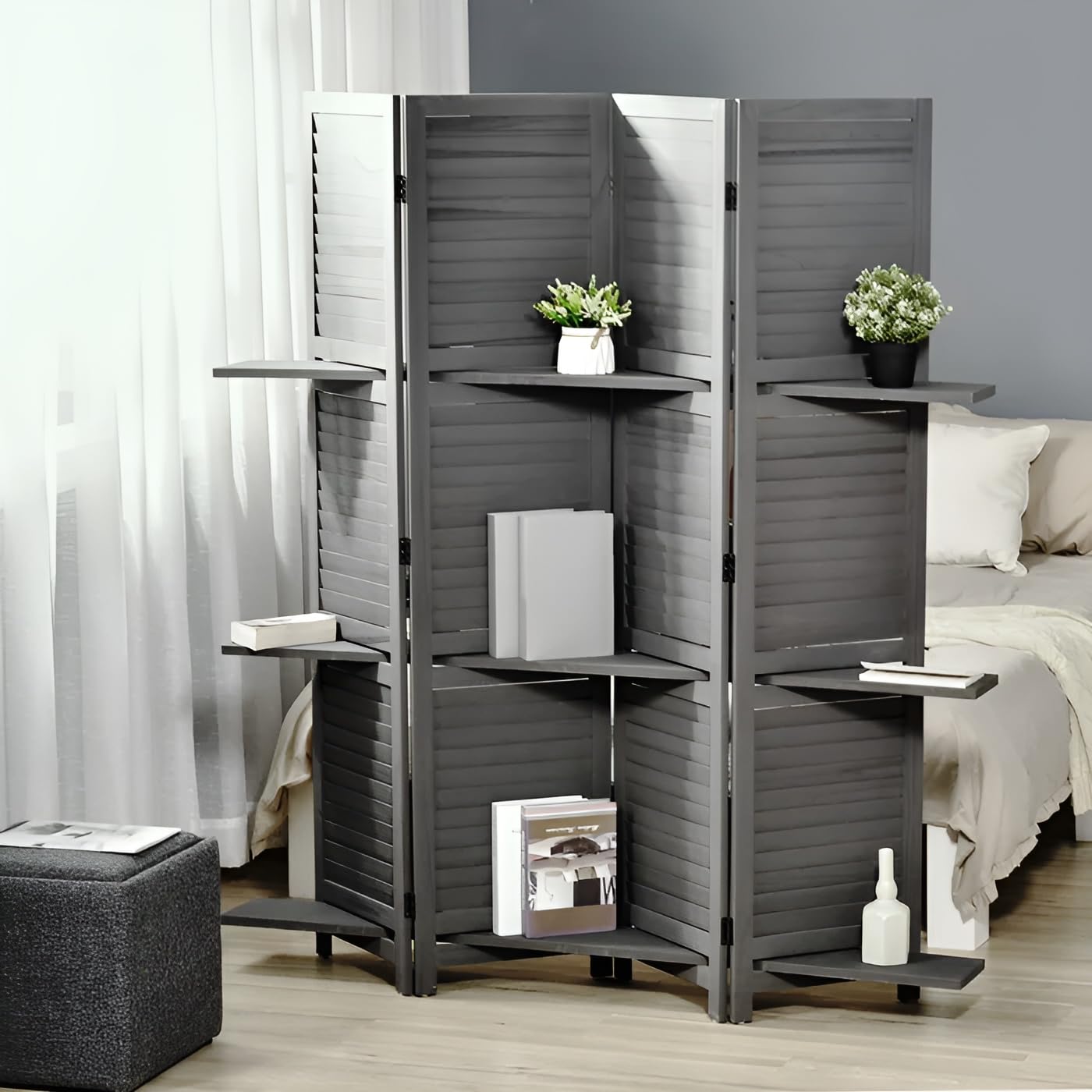 CRAFT DECOR Wooden partition for Living Room | Wood Screen for Pooja Room | Hall Partition | Separator for Living Room | Modern Decorative Wall Divider | Folding Door Screen Kitchen | Foldable Panel with shelf